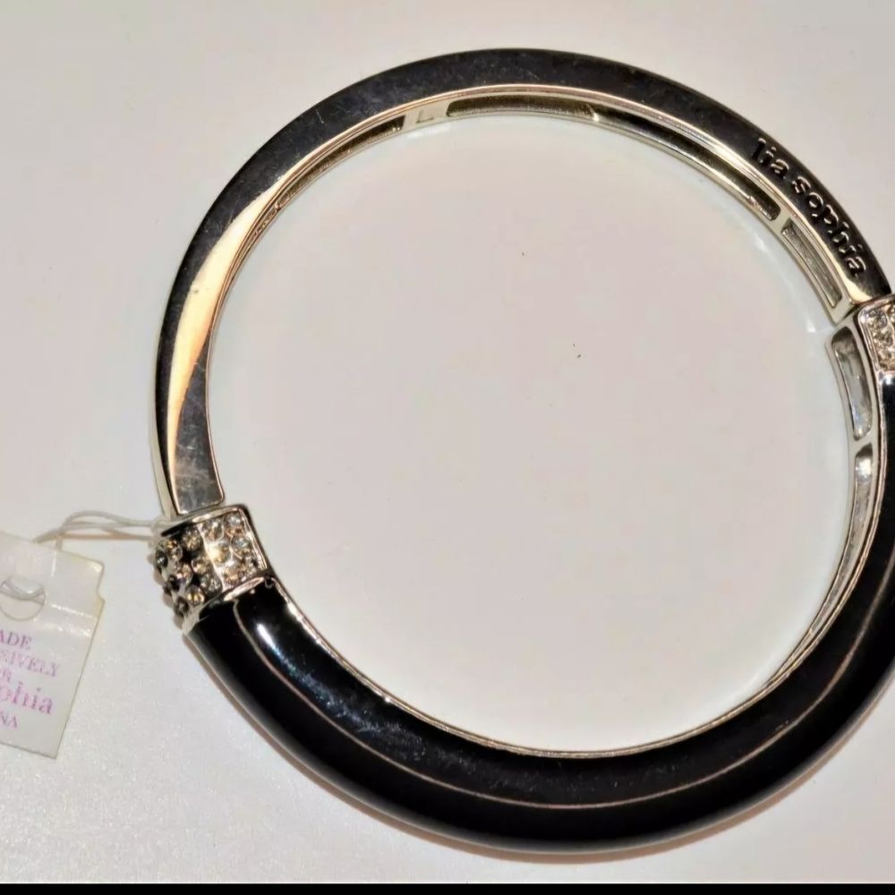 LIA SOPHIA Silvertone Black Enamel Rhinestone 2 3/4"d Bangle Bracelet NWT - Picture 2 of 3